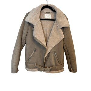 Zara M Outerwear Jacket Beige Faux Suede & Sherpa Lined Biker Style